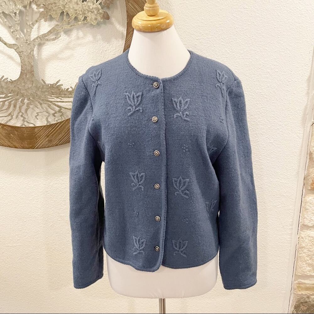 Vintage DEANS of Scotland Boiled Wool Embroidered Cardigan Sweater Blue Large